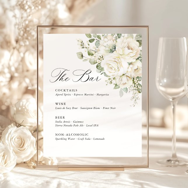 Signe De Table Menu de Bar de Mariage Élégant Fleurs Blanches Ver (Sage green white floral wedding bar menu sign, watercolor greenery, elegant reception bar signage)