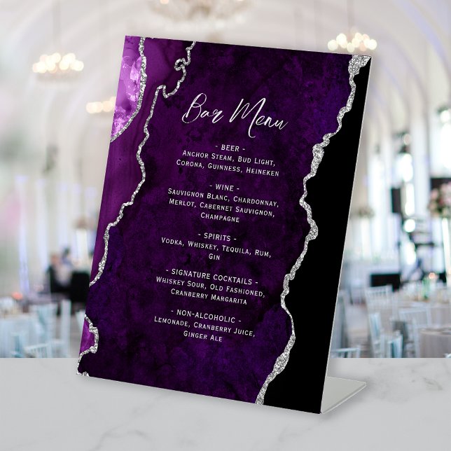Signe De Table Menu de bar de mariage en agate argent violet (Créateur téléchargé)
