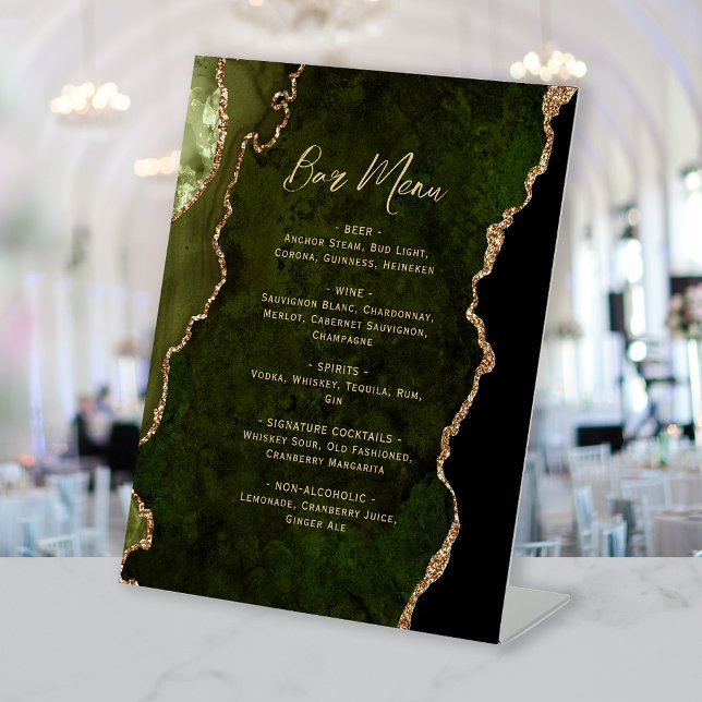 Signe De Table Menu de bar de mariage en agate dorée vert olive (Créateur téléchargé)