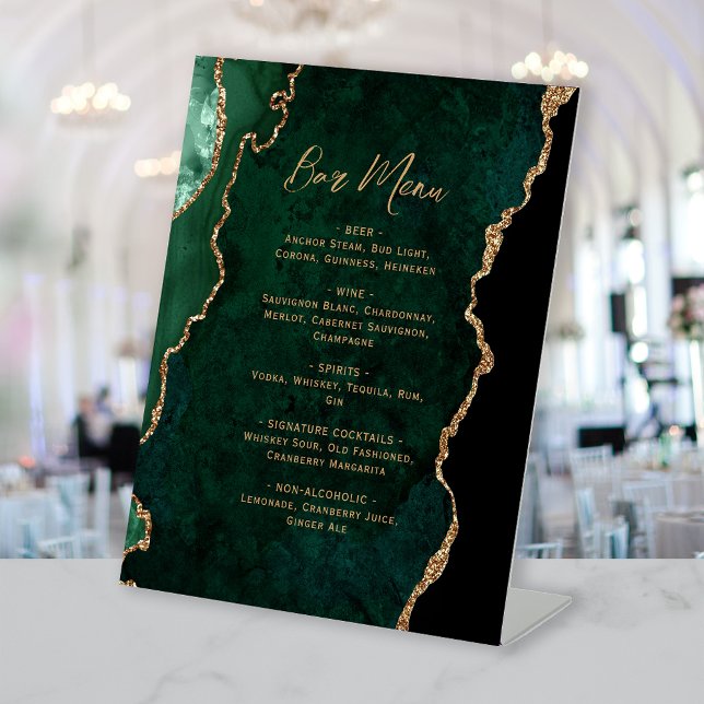 Signe De Table Menu de bar de mariage en agate dorée verte émerau (Créateur téléchargé)