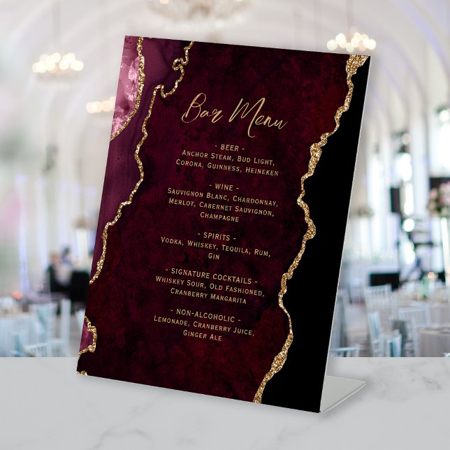 Signe De Table Menu de bar de mariage en agate rouge de Bourgogne (Créateur téléchargé)