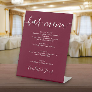 Signe De Table Menu de bar de mariage en écriture cursive Bourgog