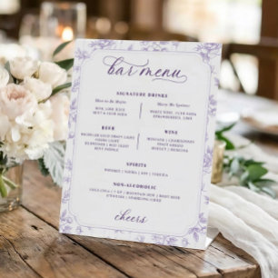 Signe De Table Menu de bar de mariage floral lavande vintage
