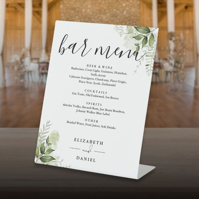 Signe De Table Menu de bar de mariage floral moderne et verdure (Modern Floral Greenery Wedding Bar Menu Pedestal Sign)