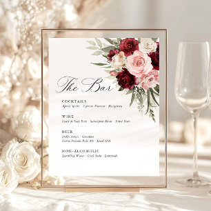 Signe De Table Menu de bar de mariage floral rose Burgundy Blush