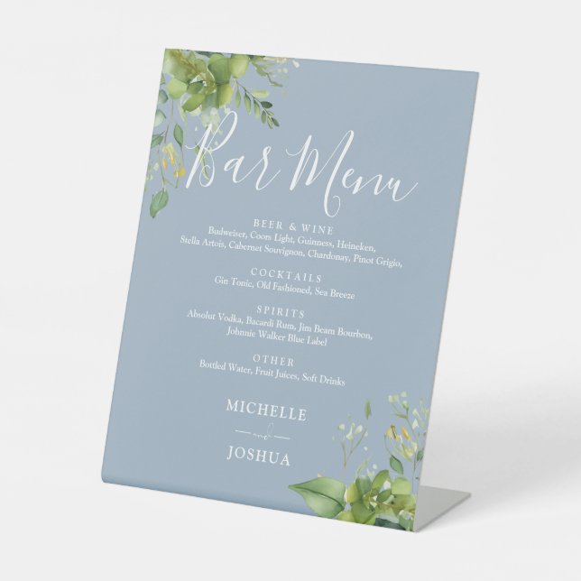 Signe De Table Menu de bar de mariage floral verdure bleu poussié (Recto)