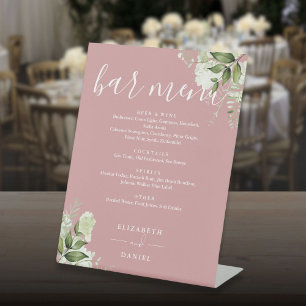 Signe De Table Menu de bar de mariage floral verdure rose poussié