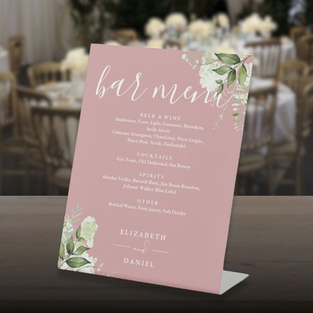Signe De Table Menu de bar de mariage floral verdure rose poussié (Dusty Rose Floral Greenery Wedding Bar Menu Pedestal Sign)