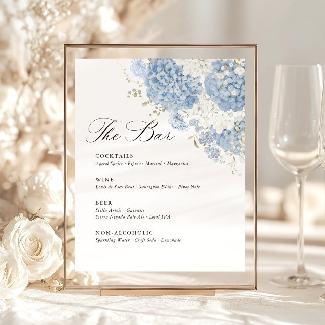 Signe De Table Menu de bar de mariage Hydrangea Bleu Poussiéreux  (Dusty blue white floral wedding sign bar menu, hydrangea watercolor gold frame sign, soft indoor)