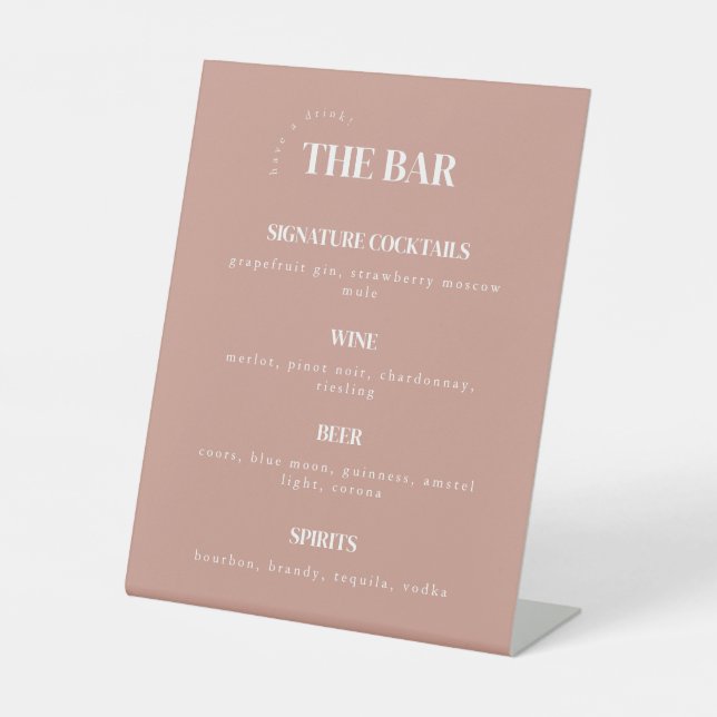 Signe De Table Menu de bar de mariage moderne rose poussiéreux (Recto)