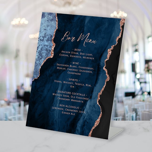 Signe De Table Menu de bar de mariage Navy Blue Rose Gold Agate (Créateur téléchargé)