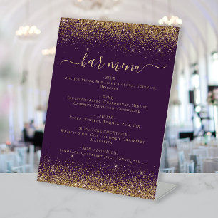 Signe De Table Menu de bar de mariage pailleté or violet