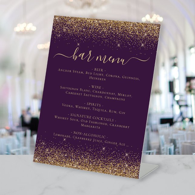 Signe De Table Menu de bar de mariage pailleté or violet (Créateur téléchargé)