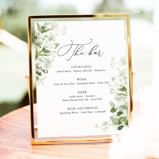 Signe De Table Menu de bar de mariage vert sauge avec verdure org (Sage green organic greenery wedding bar sign with botanical and cocktail menu for garden reception)