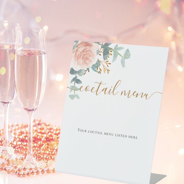 Signe De Table Menu de bar floral rose eucalyptus cocktail  (Créateur téléchargé)