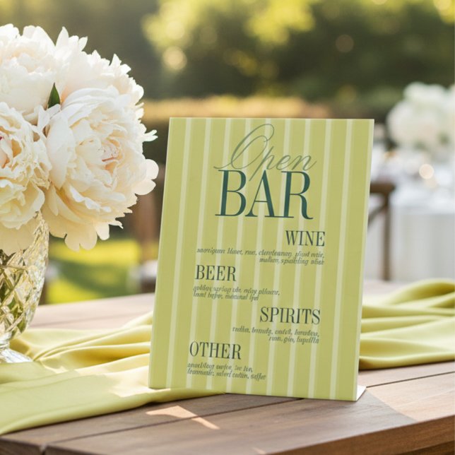 Signe De Table Menu de bar ouvert élégant avec rayure chartreuse  (Elegant Chartreuse Stripe Open Bar Menu Wedding Pedestal Sign)