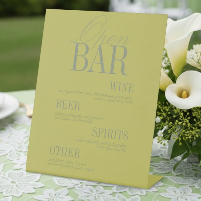 Signe De Table Menu de bar ouvert moderne Chartreuse Mariage (Modern Chartreuse Open Bar Menu Wedding Pedestal Sign)
