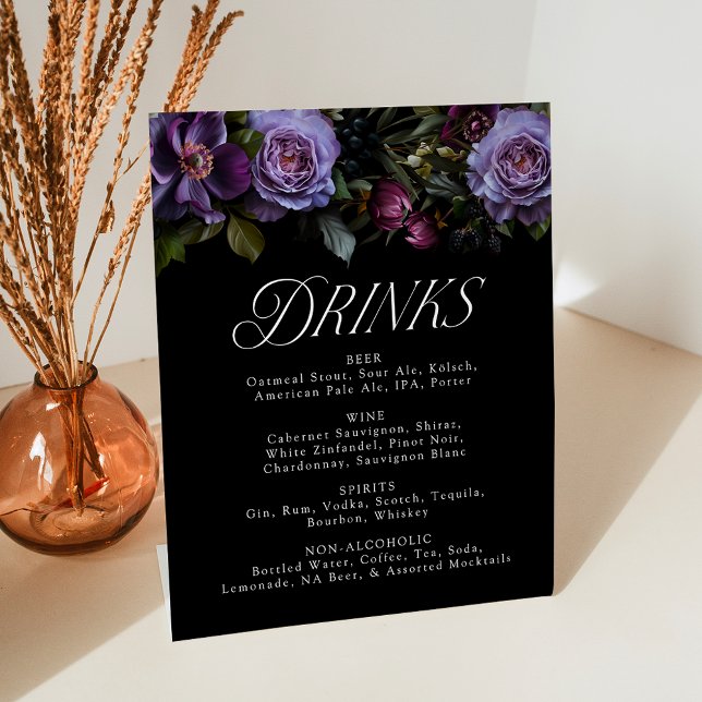 Signe De Table Menu de Boissons de Mariage Floral Pourpre Gothiqu (Créateur téléchargé)