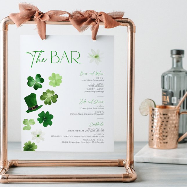 Signe De Table Menu de cocktails du bar de mariage de la Saint-Pa (St. Patricks Day Bar Menu Sign)