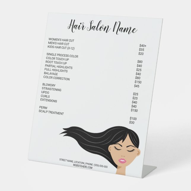 Signe De Table Menu de coiffeur pour fille aux longs cheveux noir (Recto)