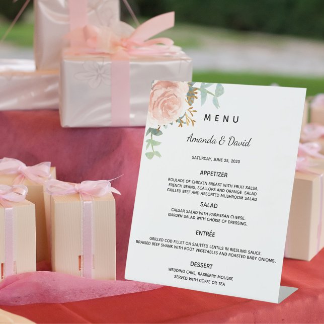 Signe De Table Menu de dîner floral eucalyptus verdure rose (Créateur téléchargé)