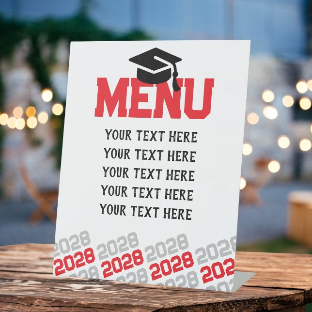 Signe De Table Menu de fête de remise des diplômes Rouge & Gris A (Red and Silver Grey Graduation Customizable Menu Table Sign. 3 Size Options)