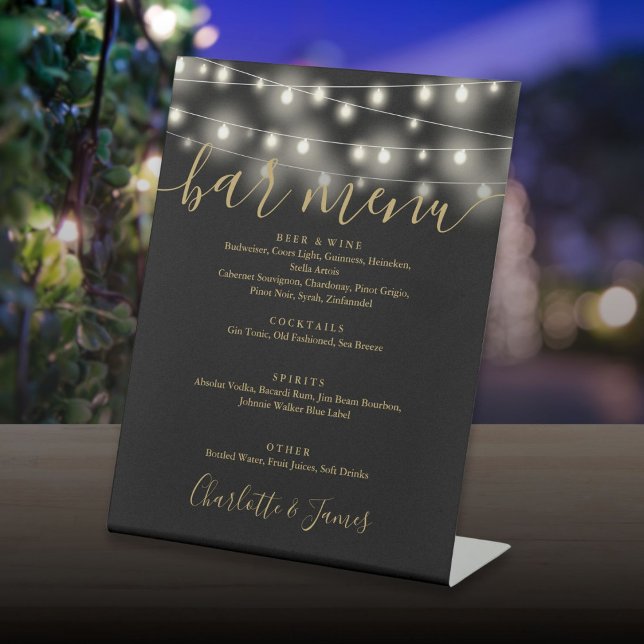 Signe De Table Menu de la barre de Mariage Black and Gold (String Lights Black And Gold Wedding Bar Menu Pedestal Sign)