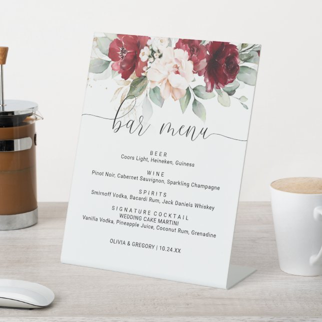 Signe De Table Menu de la barre de Mariage florale de Bourgogne e (In SItu)