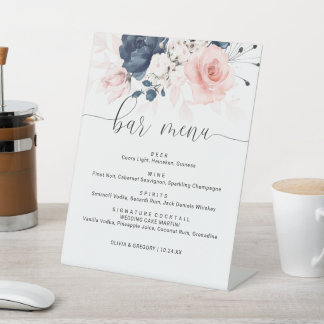 Signe De Table Menu de la barre de Mariage marine bleu et rose vi