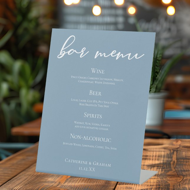 Signe De Table Menu de la barre de Mariages bleu Dusty (Créateur téléchargé)