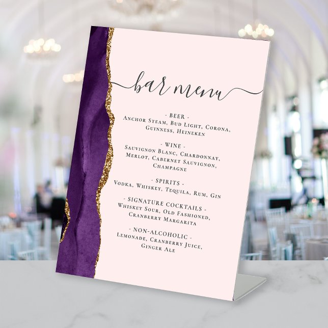 Signe De Table Menu de la barre mariage Purple Gold Agate Blush (Créateur téléchargé)