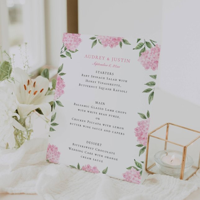 Signe De Table Menu de mariage à bordure d'hortensia rose (Créateur téléchargé)