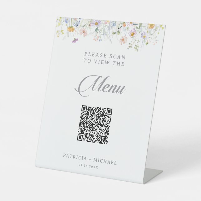Signe De Table Menu de mariage avec code QR de fleurs sauvages de (Recto)