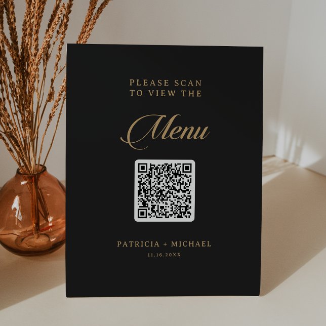 Signe De Table Menu de mariage classique noir et or avec code QR (Créateur téléchargé)