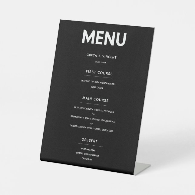 Signe De Table Menu de mariage minimaliste noir et blanc (Recto)