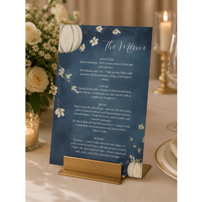 Signe De Table Menu de mariage Navy Blue Autumn Pumpkin  (Créateur téléchargé)