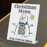 Signe De Table Menu de Noël Snowman avec clignotant de code QR<br><div class="desc">Panneau de menu Code QR de Noël. Image d'un bonhomme de neige avec code QR</div>