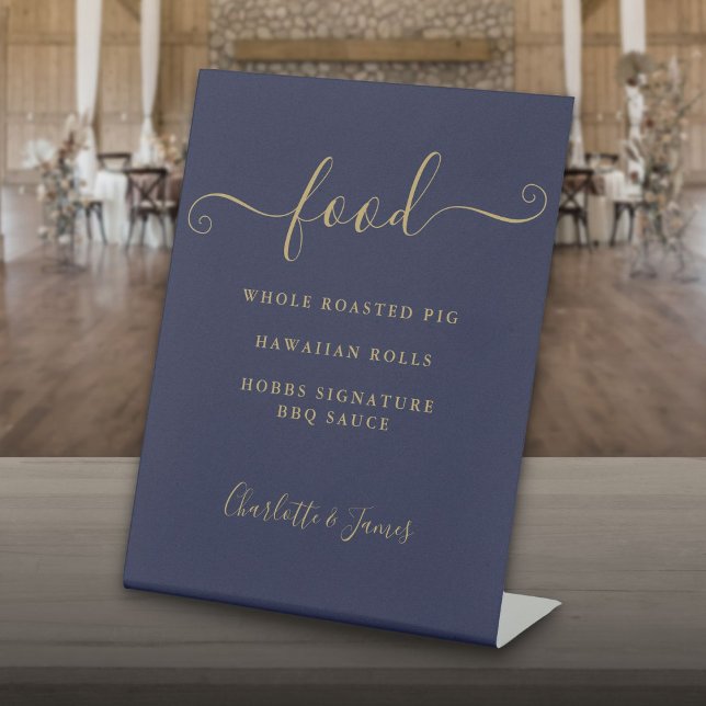 Signe De Table Menu de nourriture à l'écriture manuscrite bleu ma (Signature Script Navy Blue And Gold Food Menu Pedestal Sign)