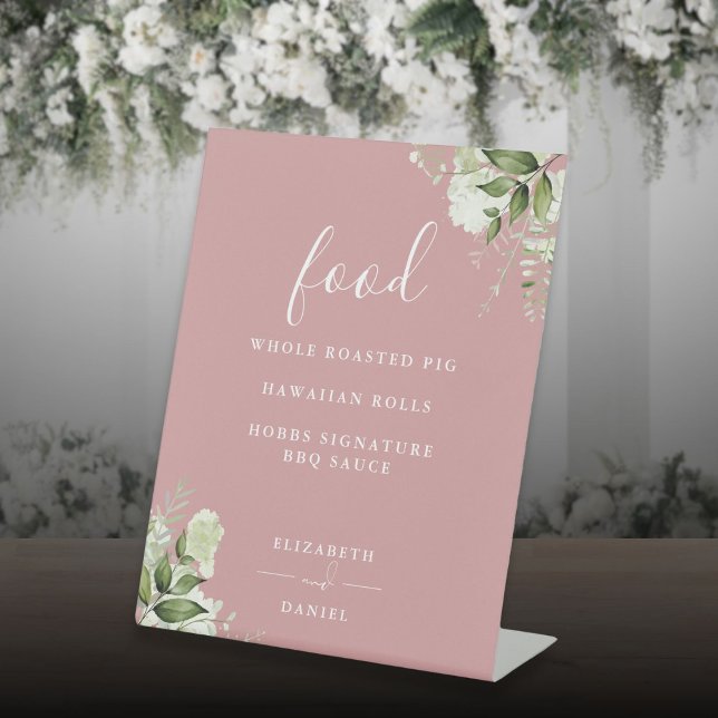 Signe De Table Menu de nourriture de florale moderne de rose pous (Dusty Rose Modern Floral Greenery Food Menu Pedestal Sign)