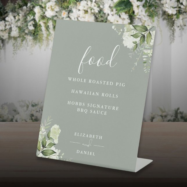 Signe De Table Menu de nourriture de verdure florale vert sauge m (Sage Green Modern Floral Greenery Food Menu Pedestal Sign)