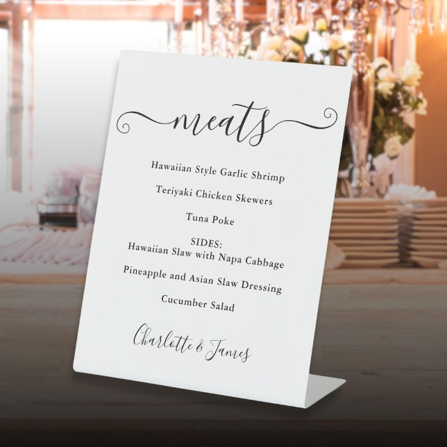Signe De Table Menu de nourriture écriture distinctive noir et bl (Food Menu Signature Script Black And White Pedestal Sign)