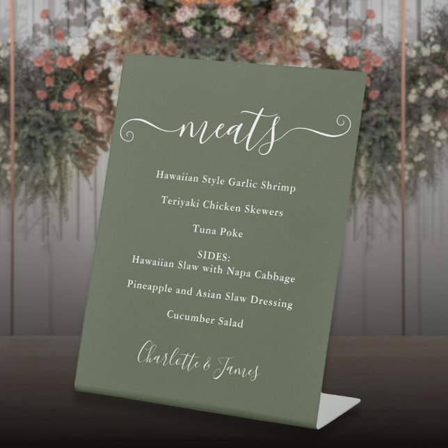 Signe De Table Menu de nourriture écriture signature vert olive (Food Menu Signature Script Olive Green Pedestal Sign)