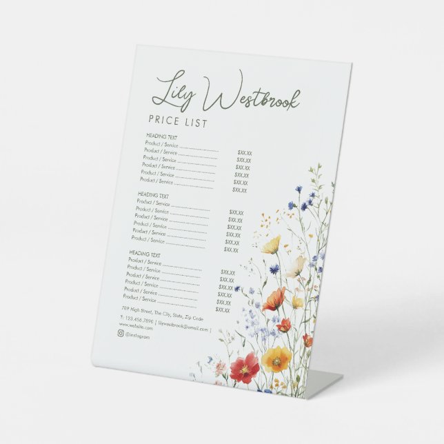 Signe De Table Menu de service élégant moderne à fleurs sauvages  (Recto)