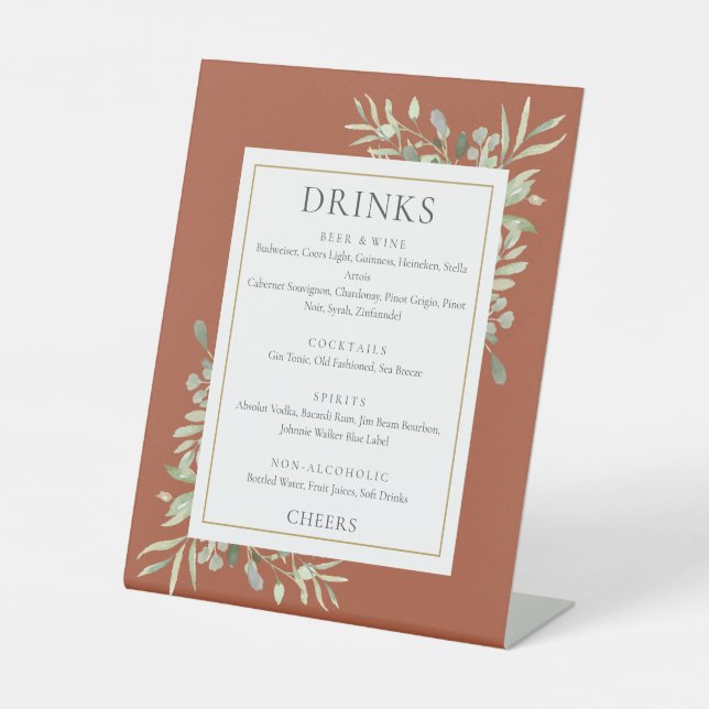Signe De Table Menu des boissons à la verdure à l'aquarelle Terra (Recto)