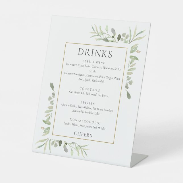 Signe De Table Menu des boissons à la verdure aquarelle (Recto)