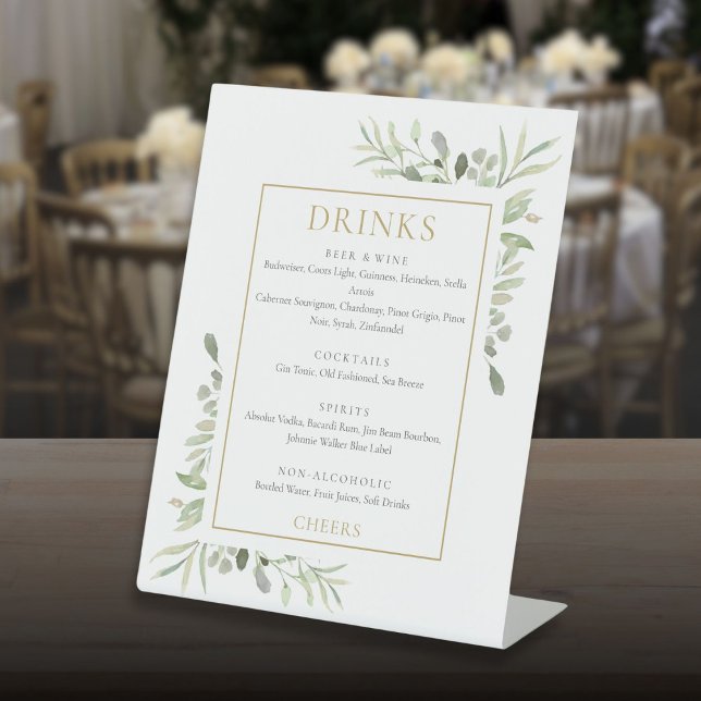 Signe De Table Menu des boissons à la verdure aquarelle (Watercolor Greenery Drinks Menu Pedestal Sign)