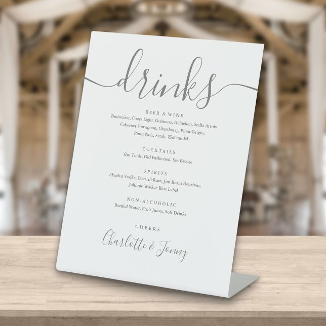 Signe De Table Menu des boissons à l'écriture cursive grise et bl (Créateur téléchargé)