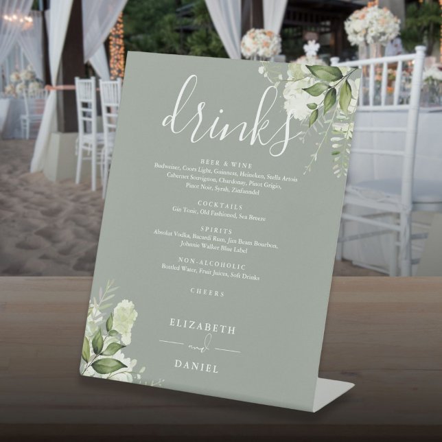 Signe De Table Menu des boissons de mariage à la verdure florale  (Sage Green Floral Greenery Wedding Drinks Menu Pedestal Sign)