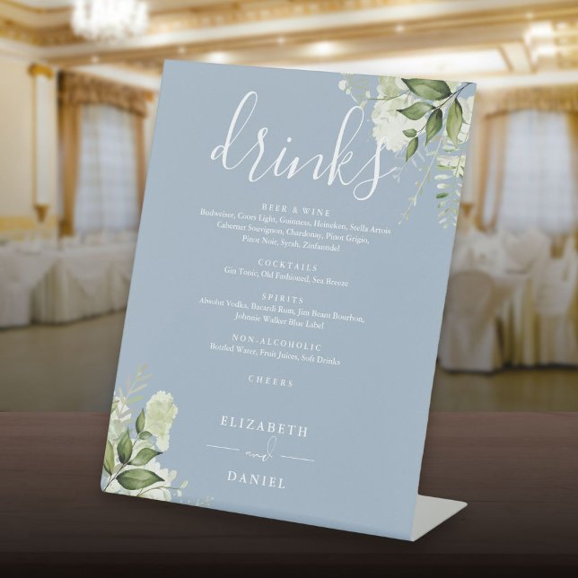 Signe De Table Menu des boissons de mariage à la verdure florale  (Dusty Blue Floral Greenery Wedding Drinks Menu Pedestal Sign)