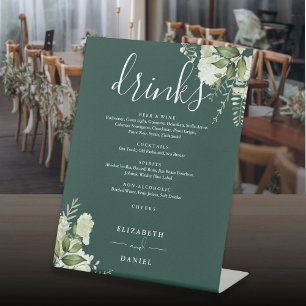 Signe De Table Menu des boissons de mariage à la verdure florale 